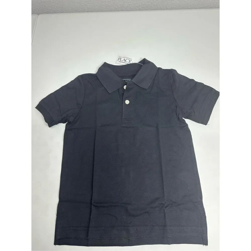 NWT The Childrens Place Boys Black Cotton Pique Short Sleeve Polo Size Small